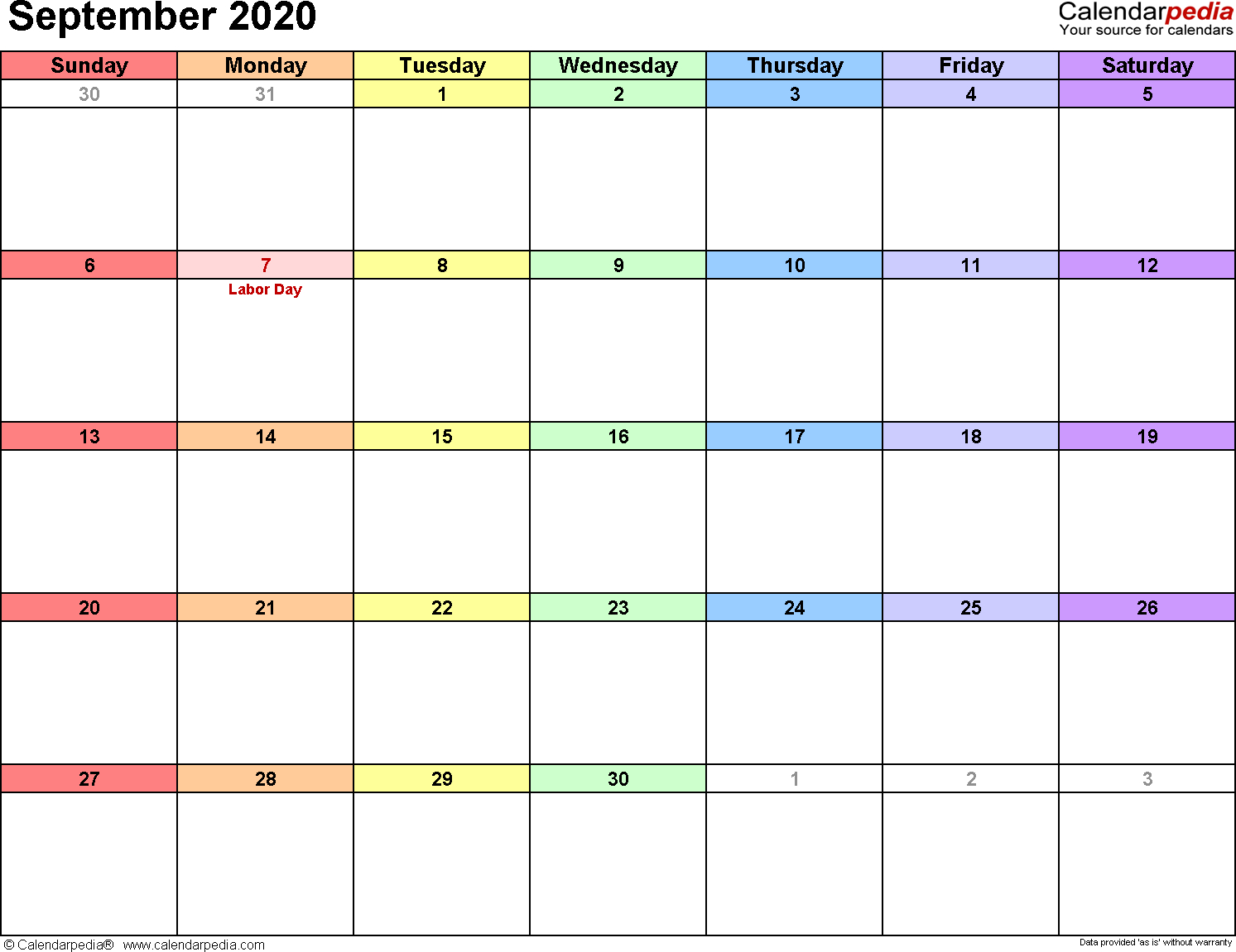 September 2020 Calendars For Word, Excel &amp; Pdf