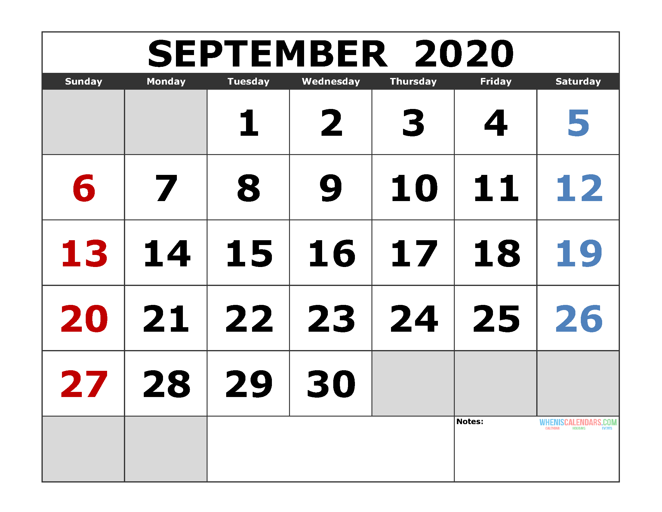 September 2020 Printable Calendar Template Excel, Pdf, Image