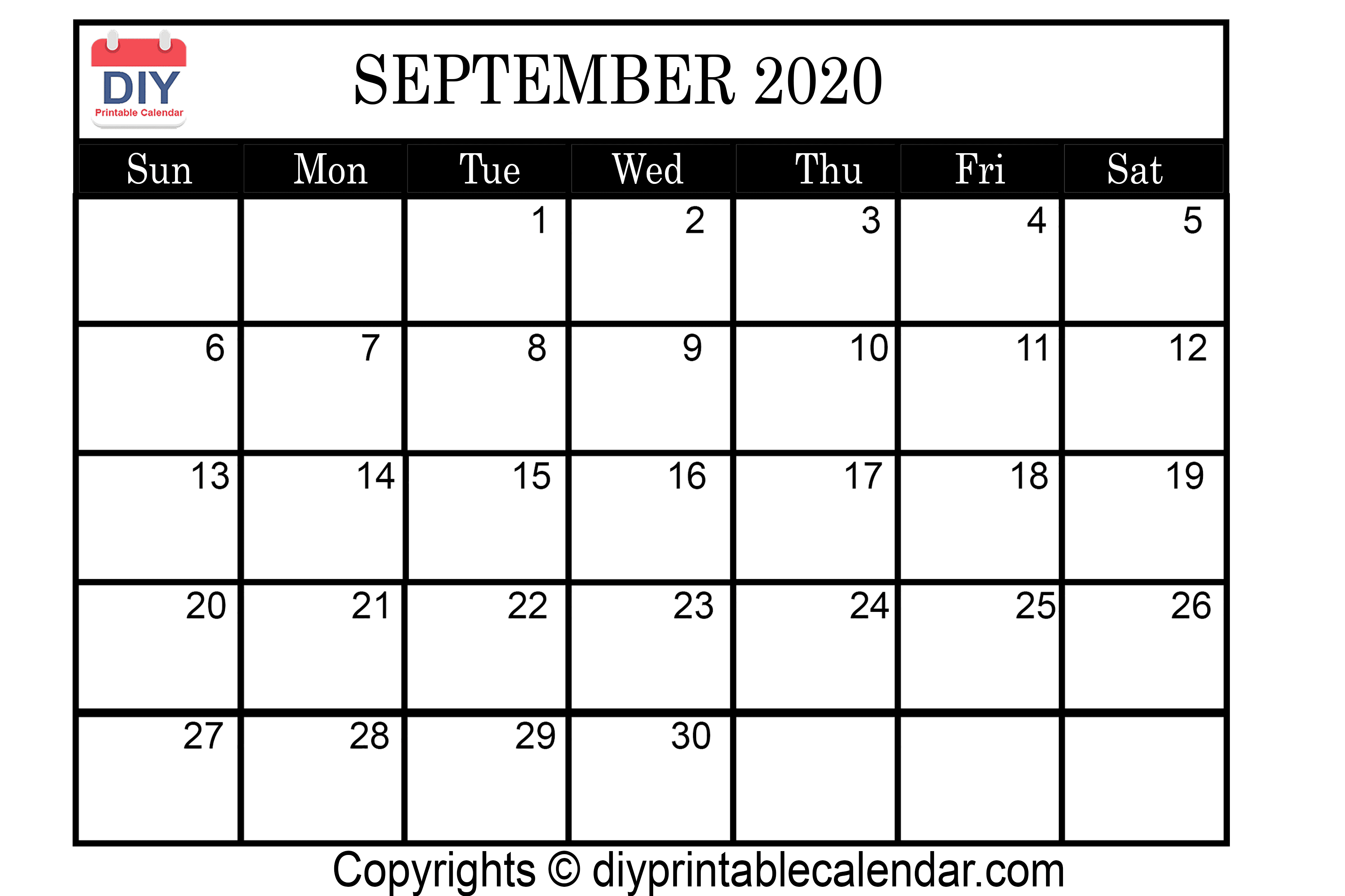 September 2020 Printable Calendar Template