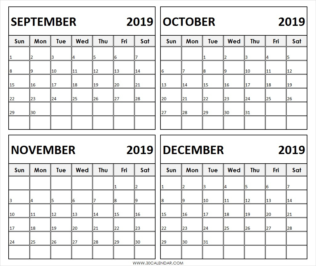 September To December 2019 Calendar | 4 Months Printable