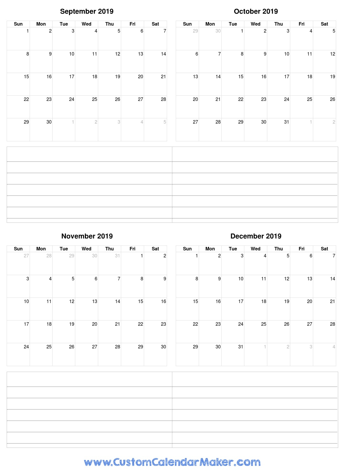 September To December 2019 Calendar Printable For Free