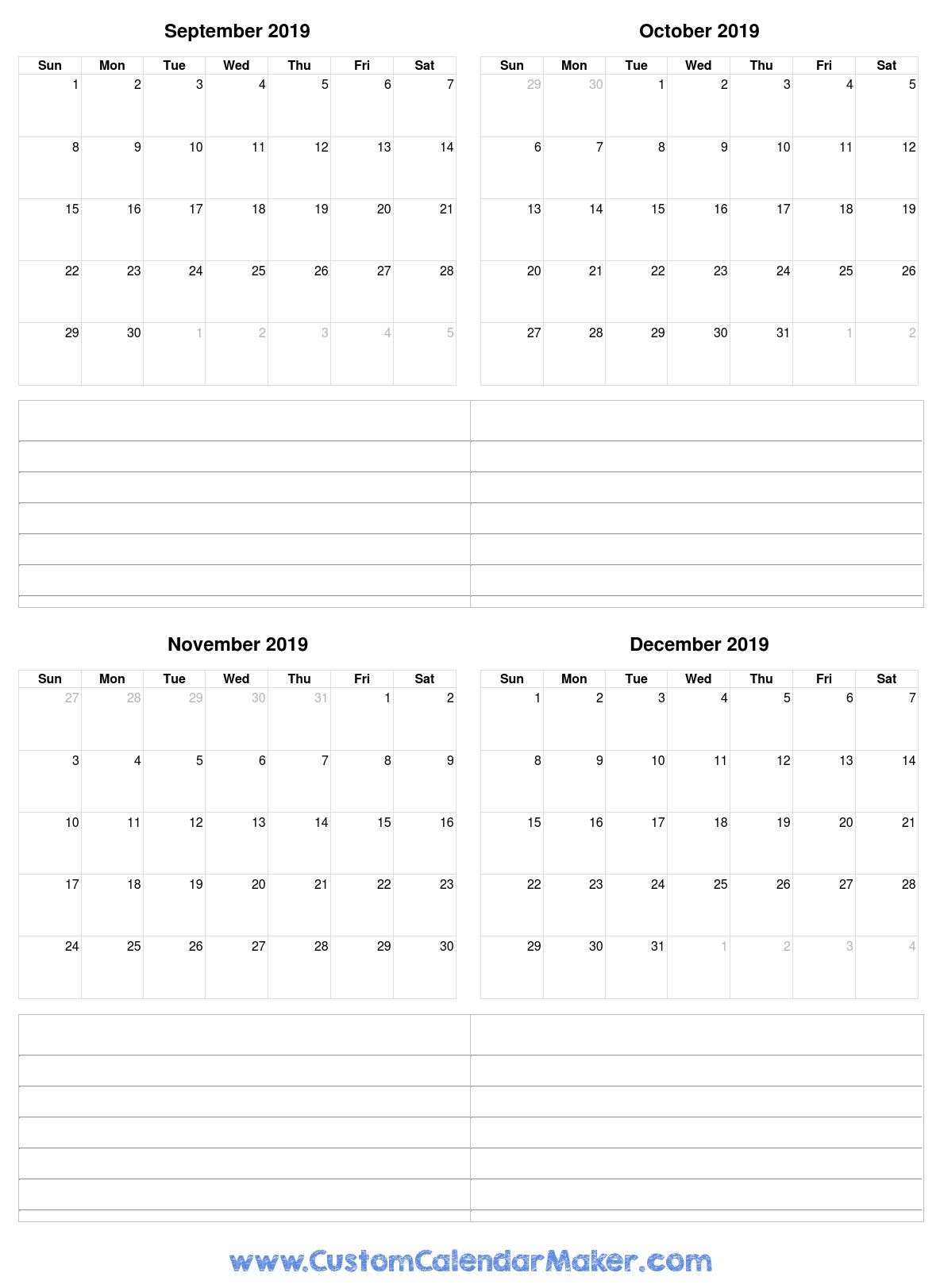 September Through Dec 2019 Calander