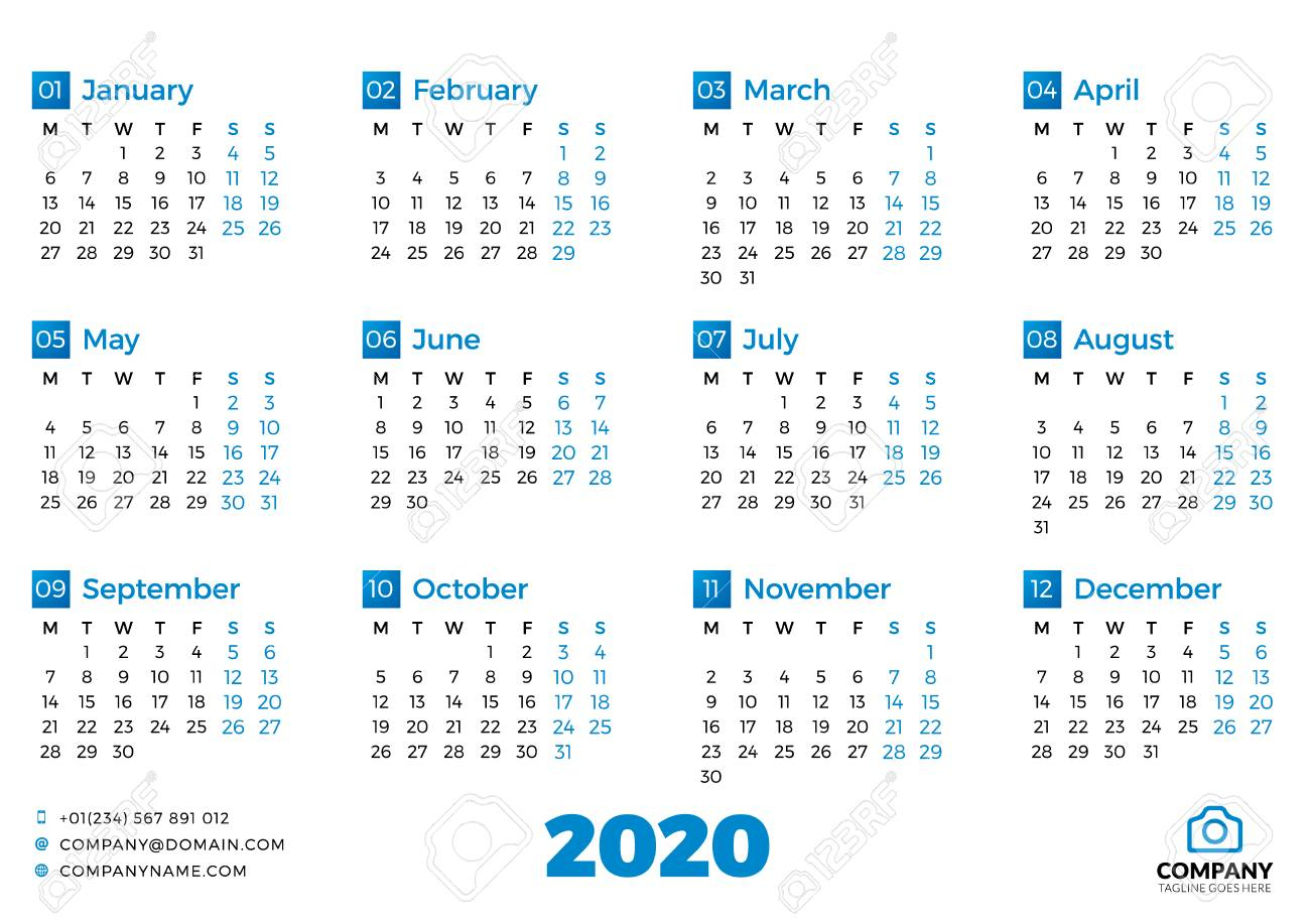 Simple Calendar Template For 2020 Year. Week Starts On Monday