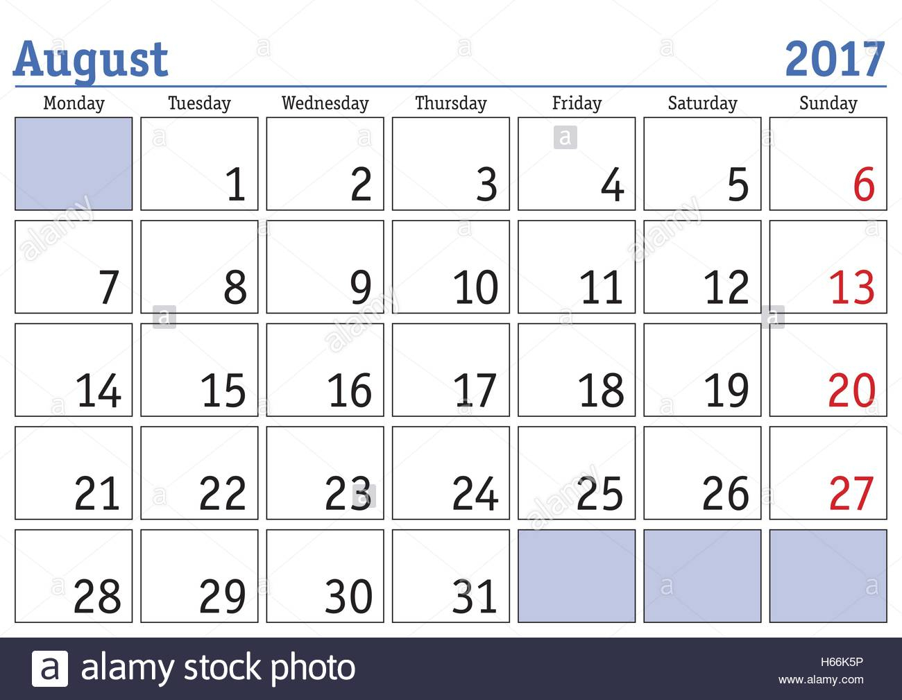 Simple Digital Calendar For August 2017. Vector Printable