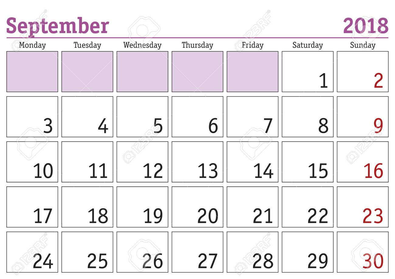 Simple Digital Calendar For September 2018. Vector Printable..