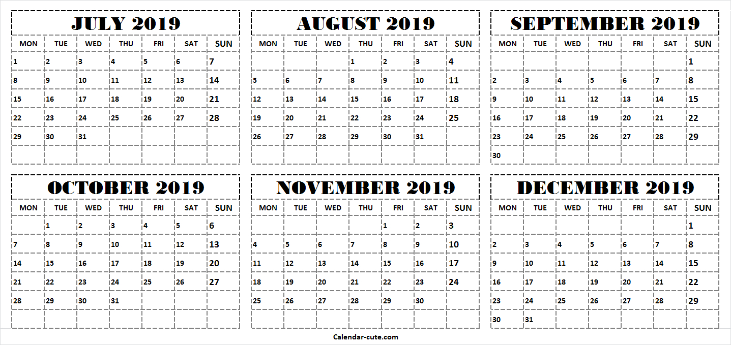 Six Month July December 2019 Calendar | 2019 Word