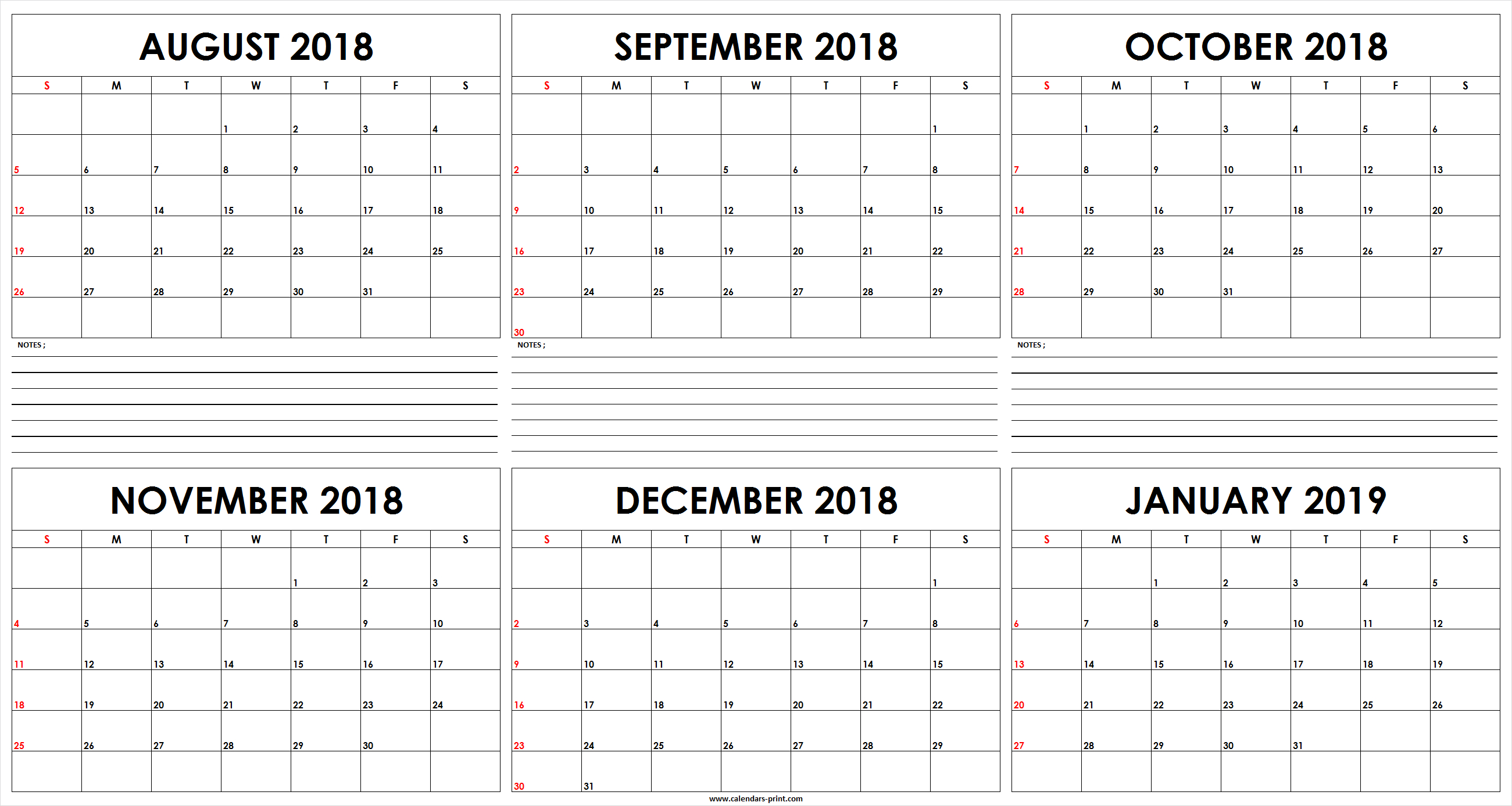 Six Monthly August 2018 To January 2019 Calendar Template