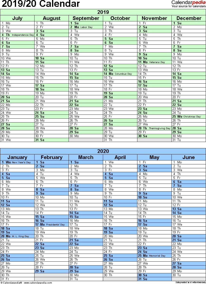 Split Year Calendar 2019/20 (July To June) - Excel Templates