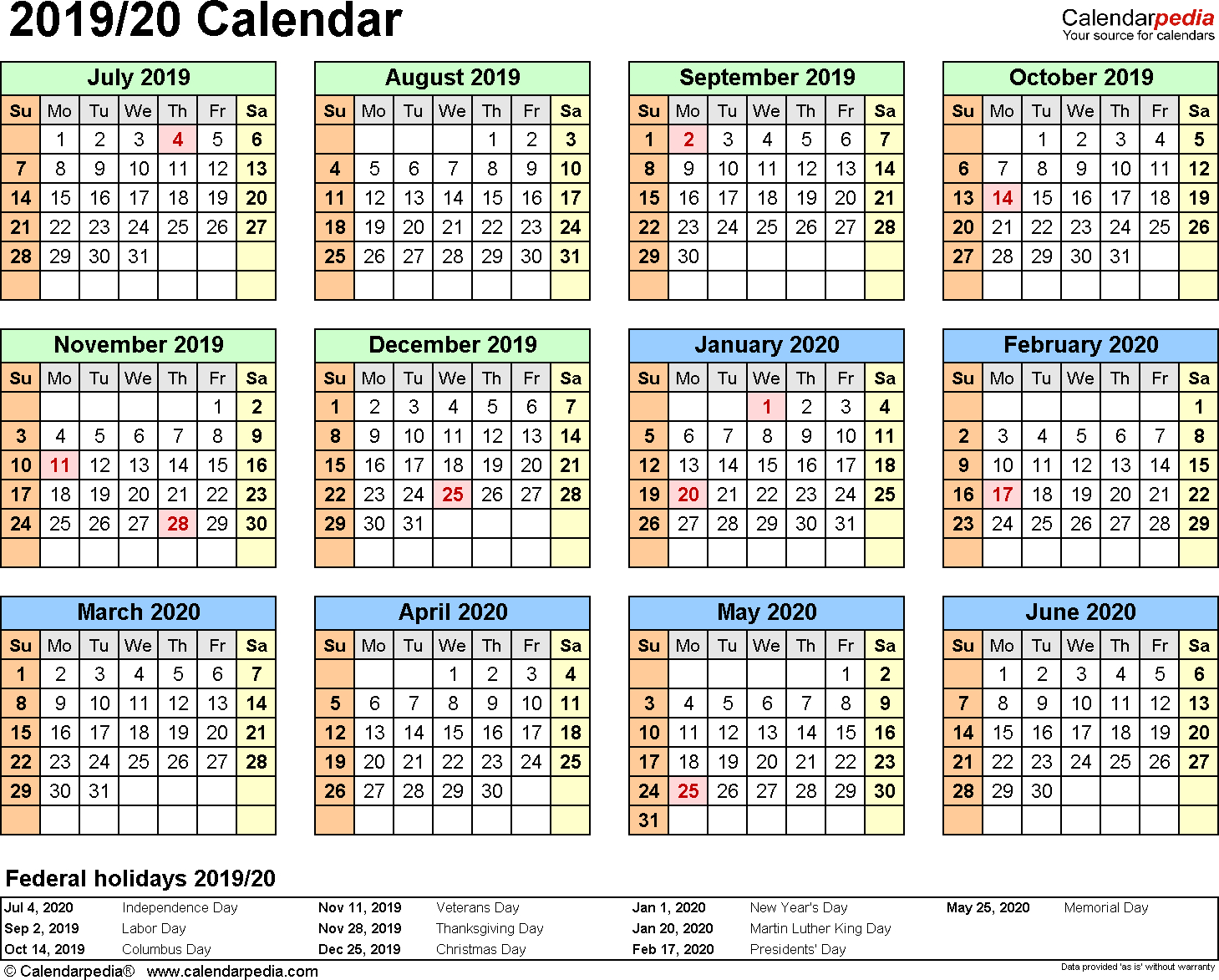 Split Year Calendar 2019/20 (July To June) - Pdf Templates