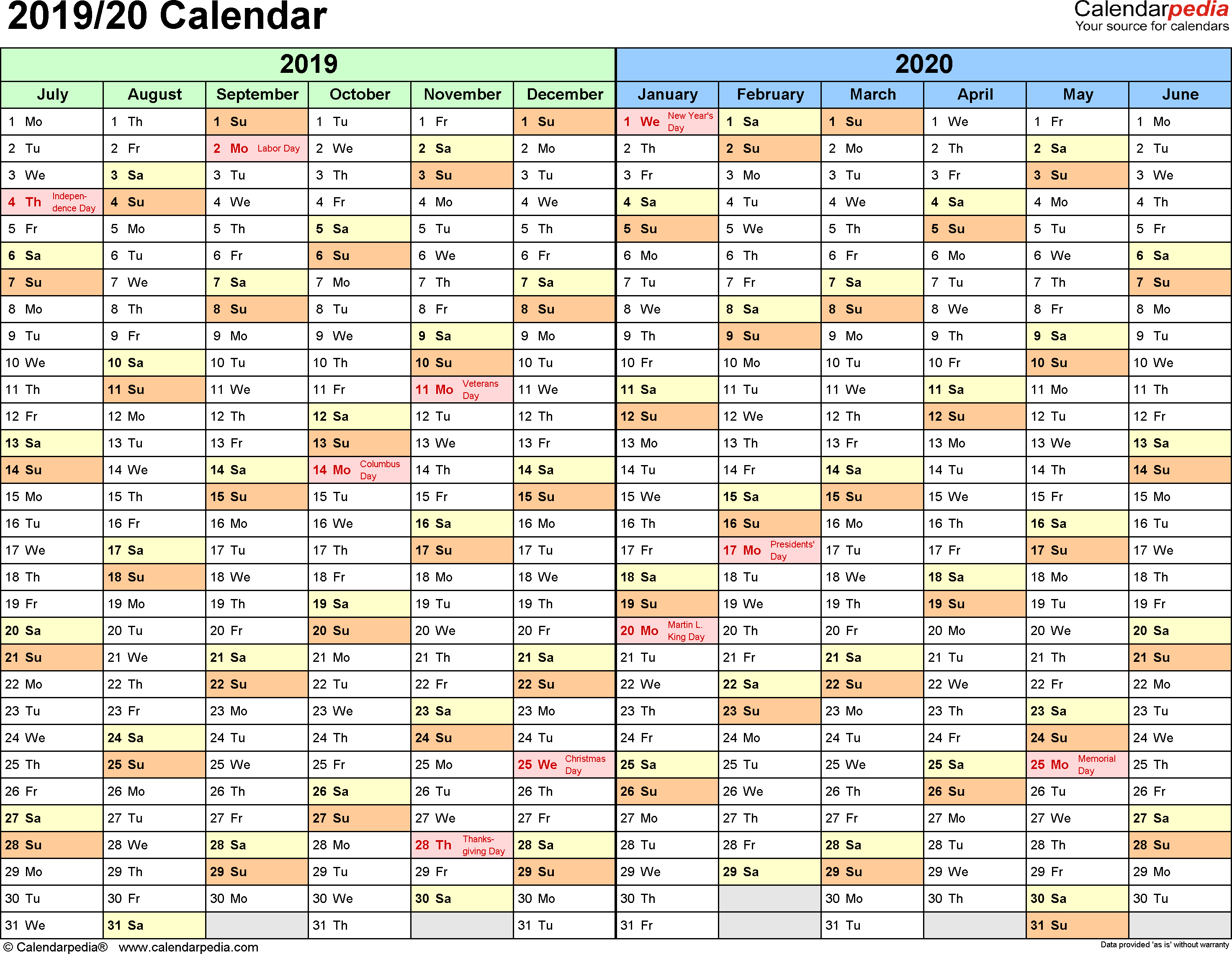 Split Year Calendar 2019/20 (July To June) - Pdf Templates