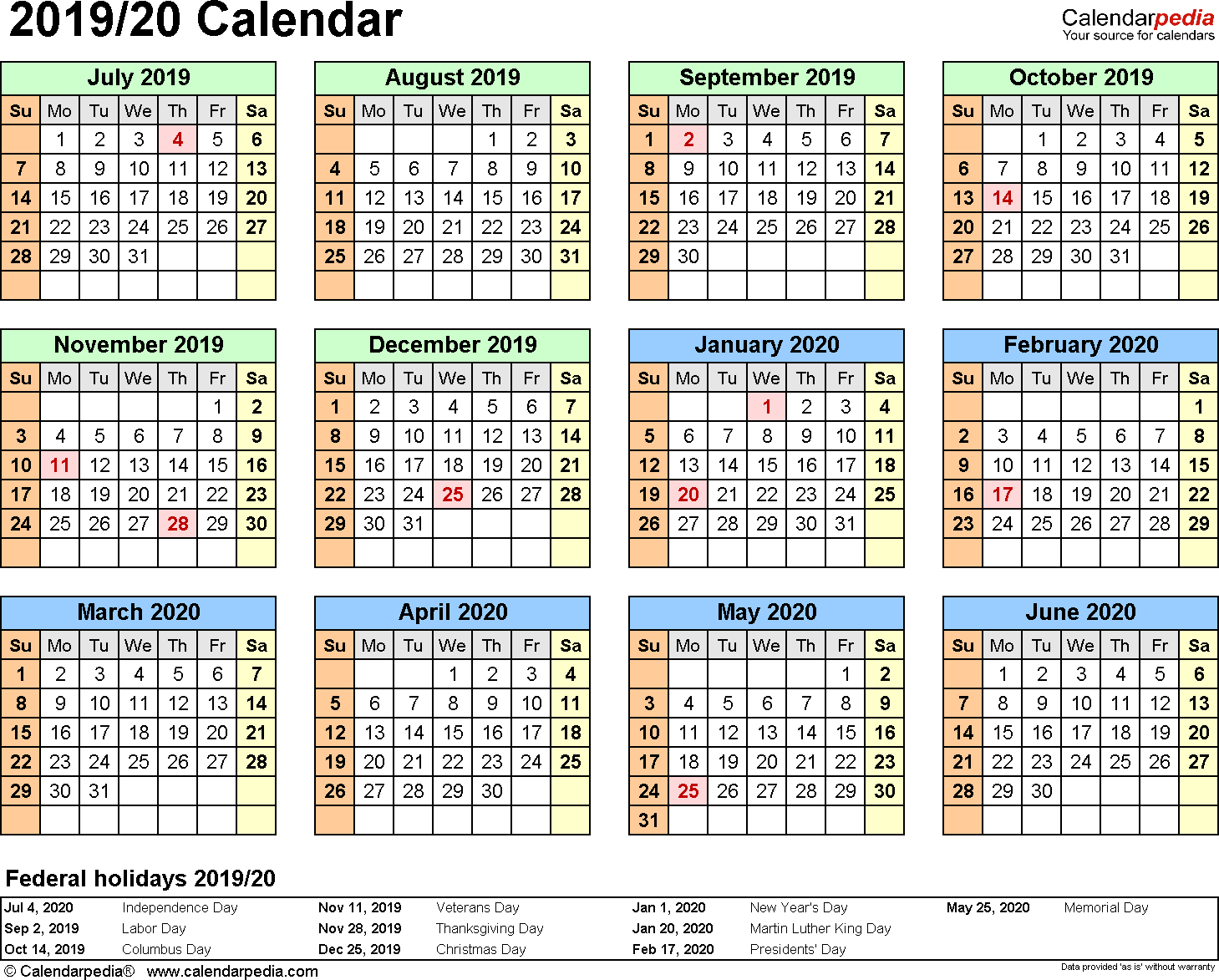 Printable 6 Months Calendar 2020 July – Dec