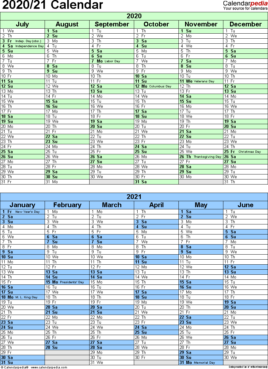 Split Year Calendar 2020/21 (July To June) - Word Templates