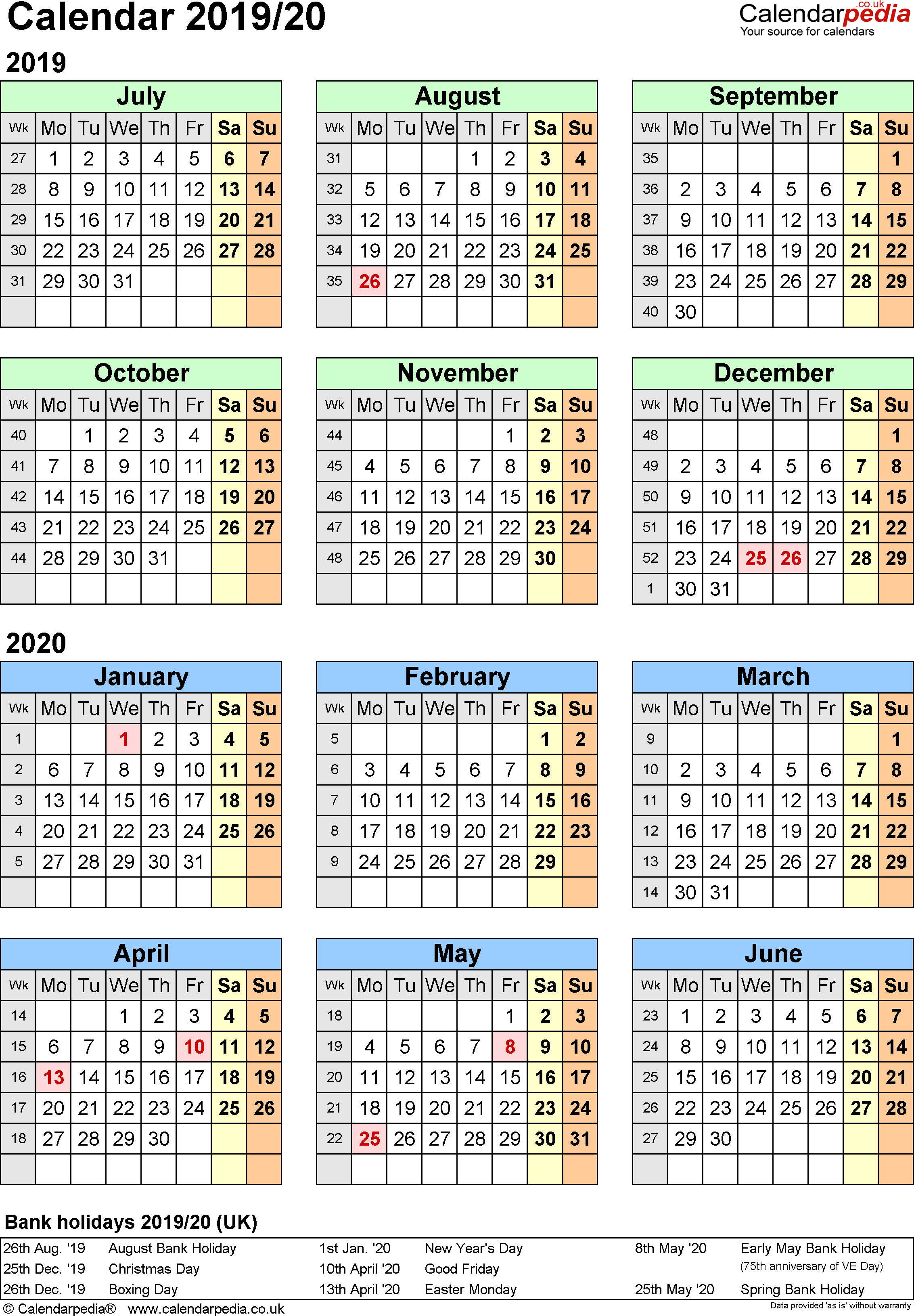 Split Year Calendars 2019/20 (July To June) For Excel (Uk