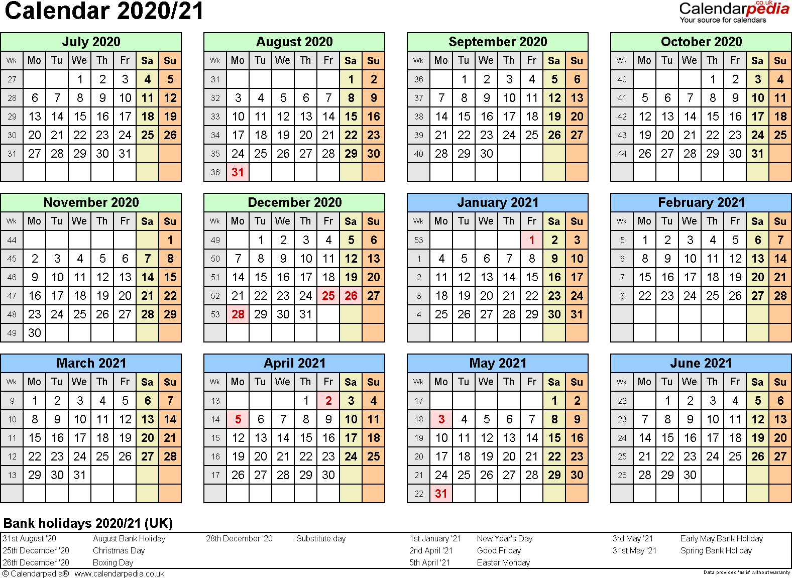 Split Year Calendars 2020/21 (July To June) For Pdf (Uk Version)