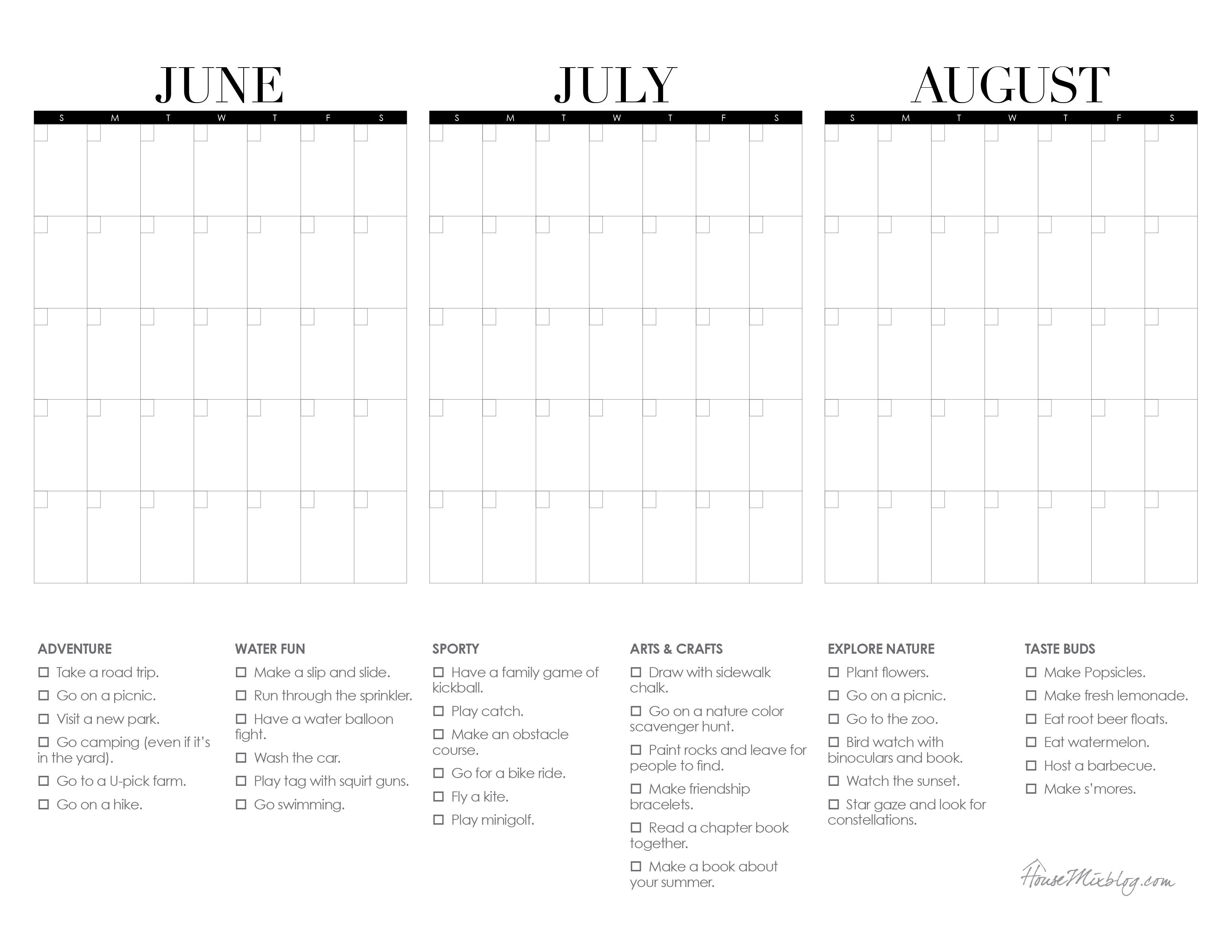 Summer Calendar Printable With Bucketlist | House Mix