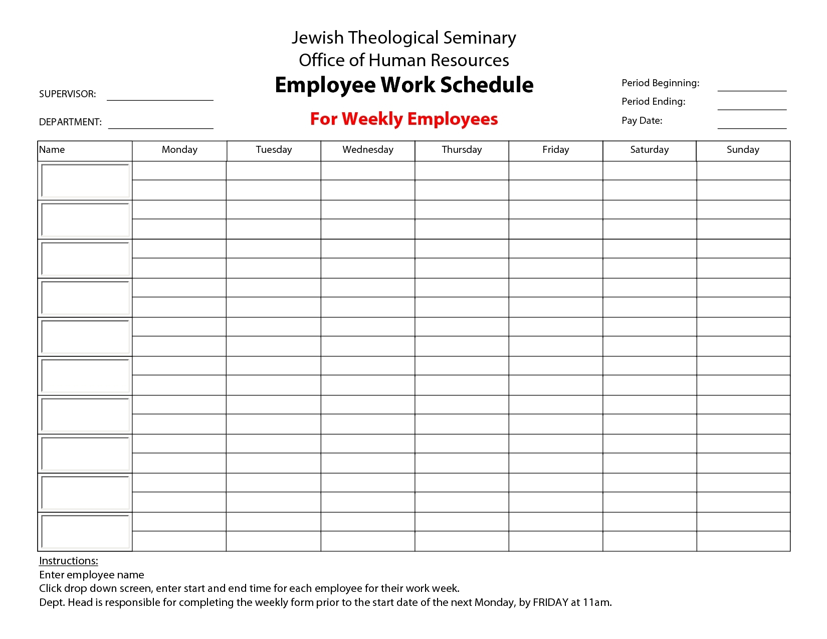 blank work week schedule template