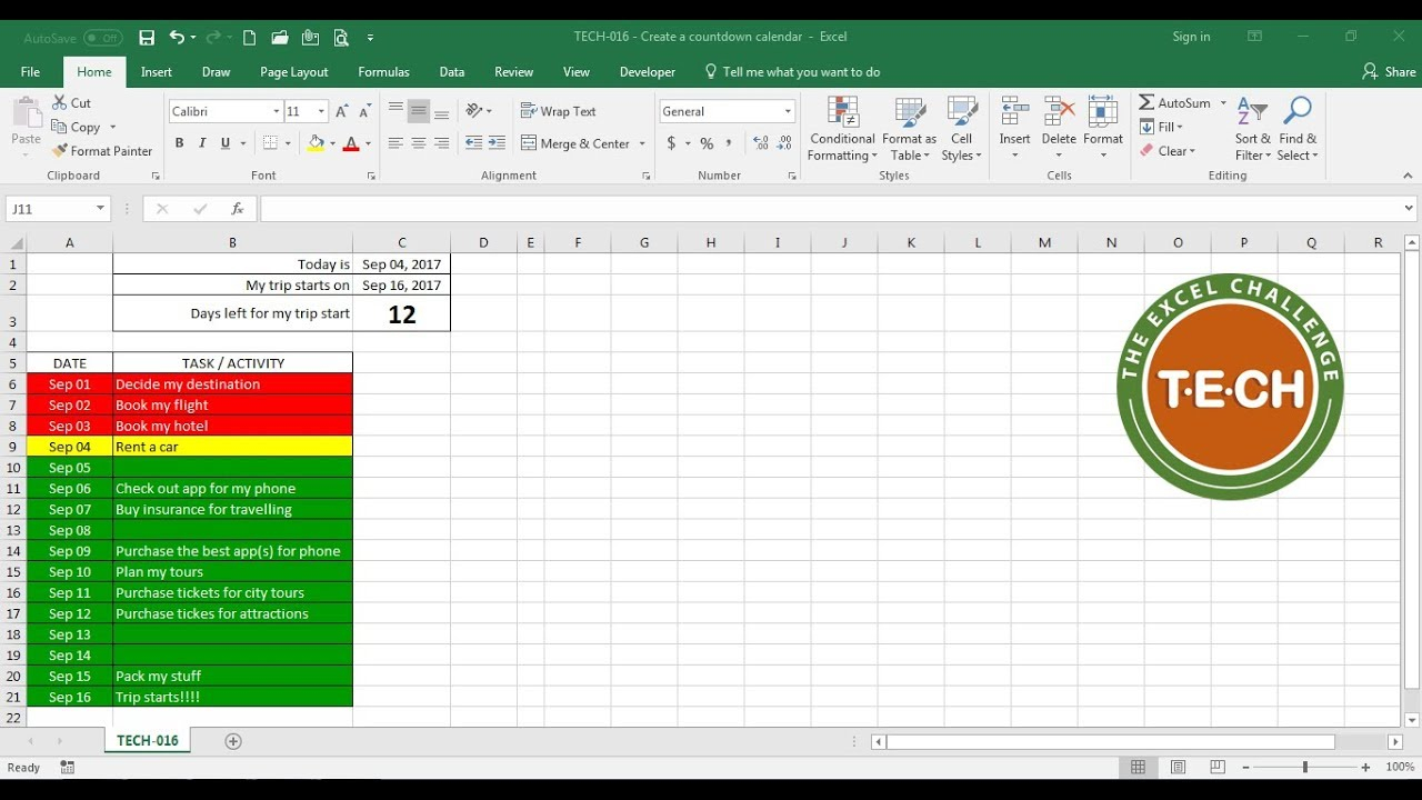 Tech-016 - Create A Countdown Calendar And Combine It With Conditional  Formatting For Each Task