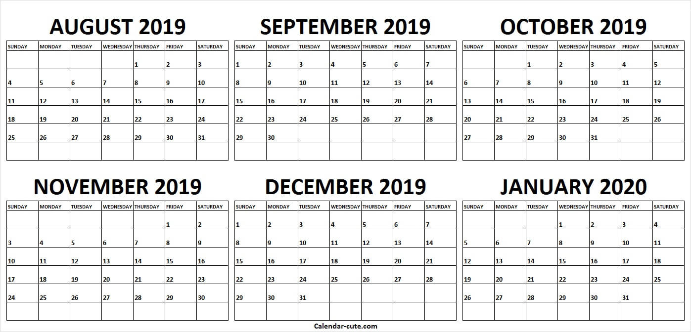 Template Calendar August 2019 To January 2020 | Yearly Calendar