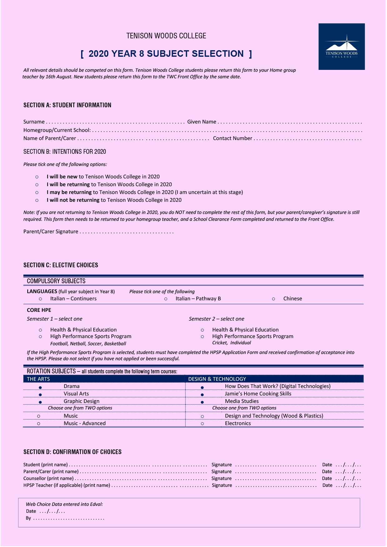 Tenison Woods College | 2020 Curriculum