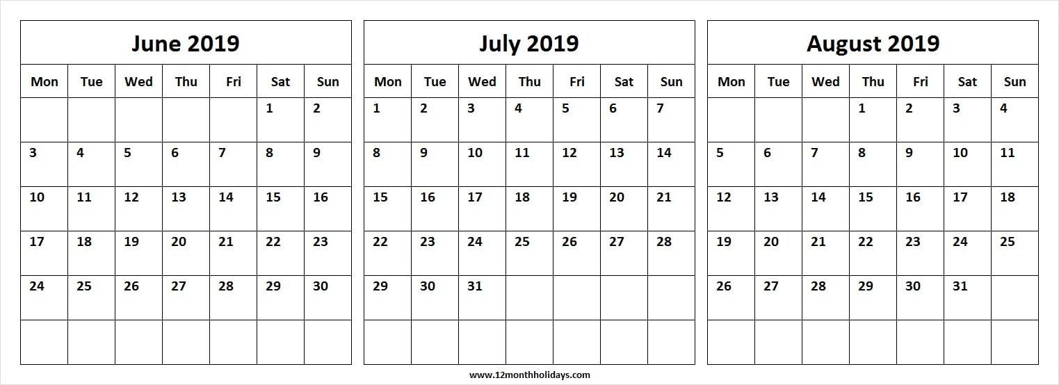 Three Month Calendar June July August 2019 | Editable