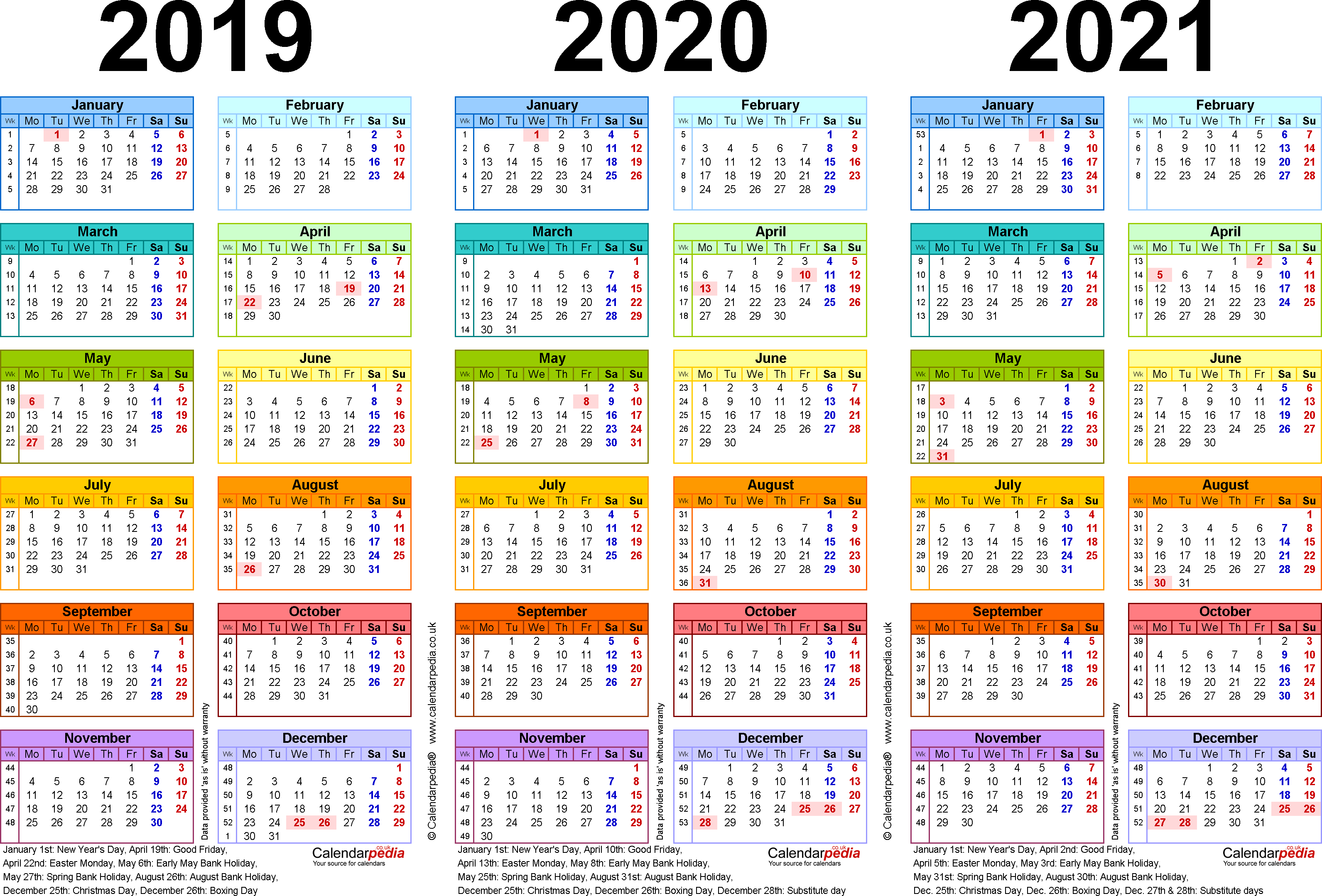 Three Year Calendars For 2019, 2020 &amp; 2021 (Uk) For Excel