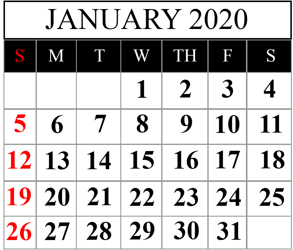 Free January 2020 Printable Calendar Blank Templates Calendar Letters ...