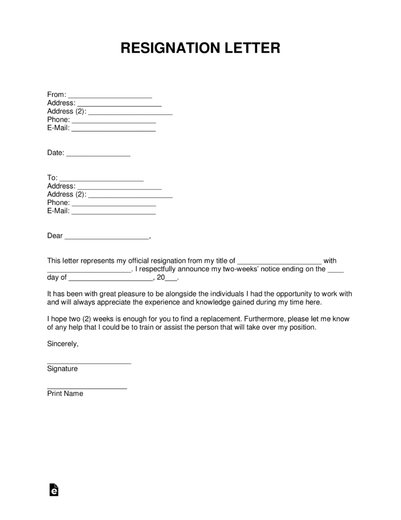 Two 2 Weeks Notice Resignation Letter Template With Samples