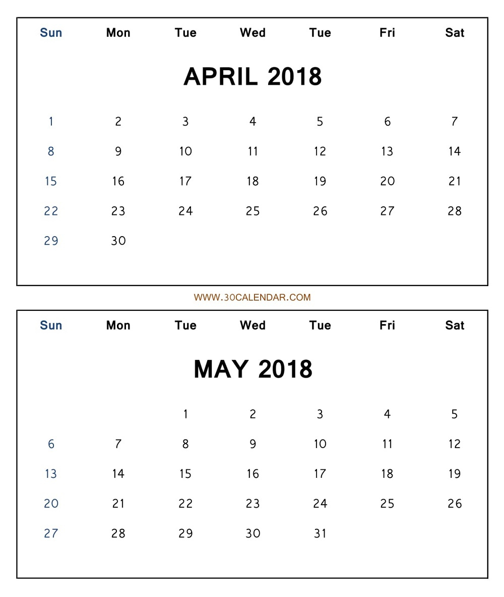 Two Month Calendar 2018 April May Printable Free | Blank 2