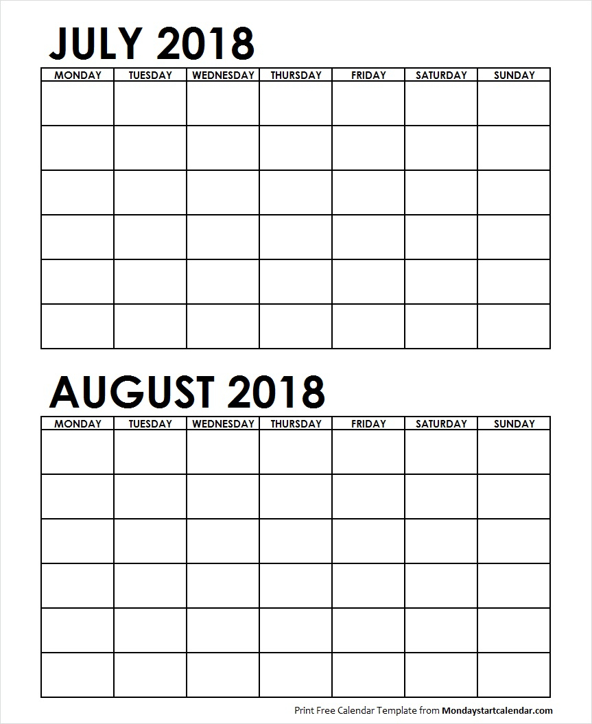 Two Month July August 2018 Calendar Blank | Two Months Template