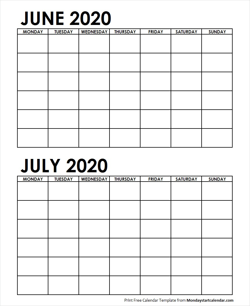Two Month June July 2020 Calendar Blank | Two Months Template
