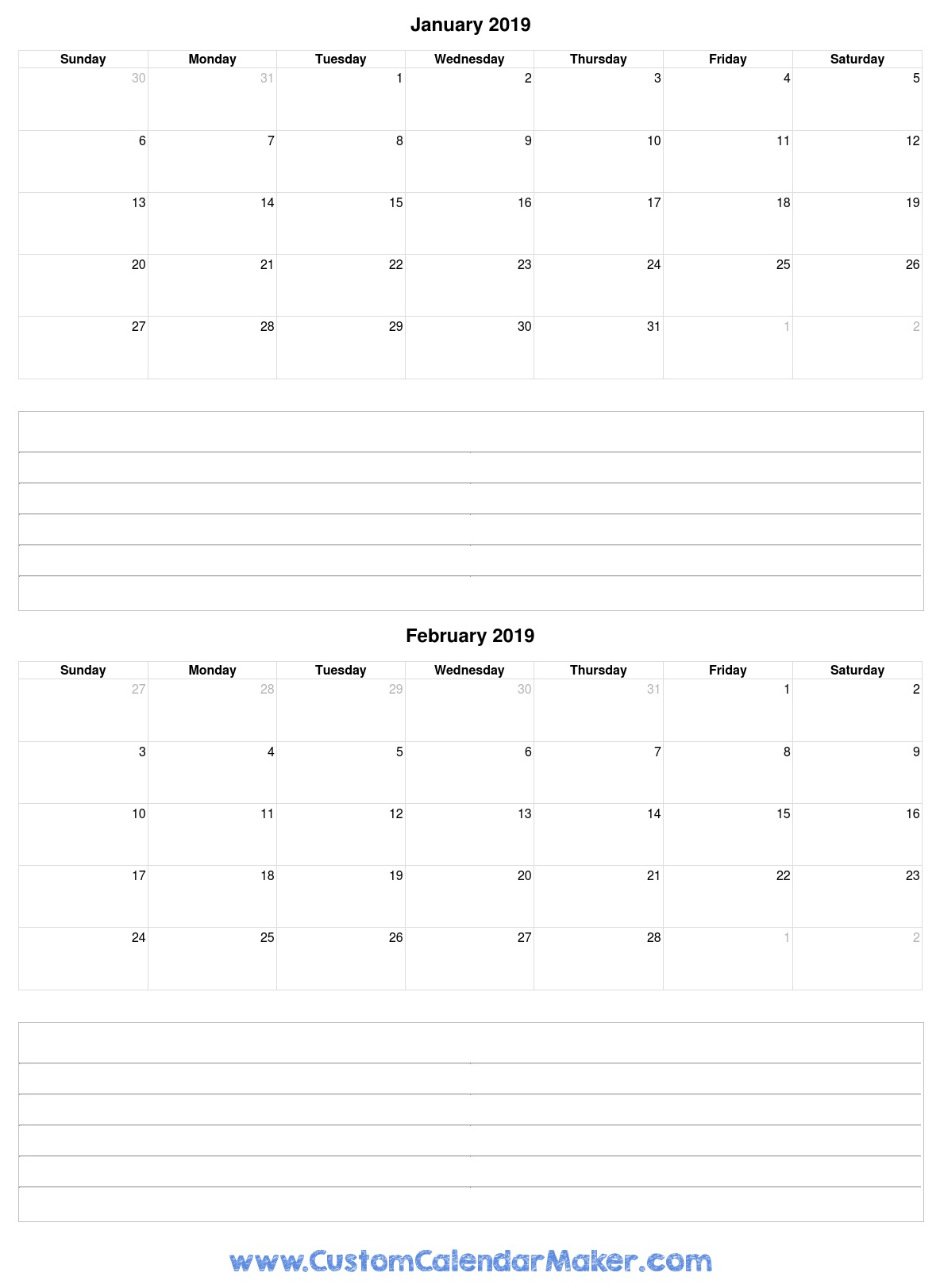 Two Months Per Page Calendar 2019, Double Month Printable
