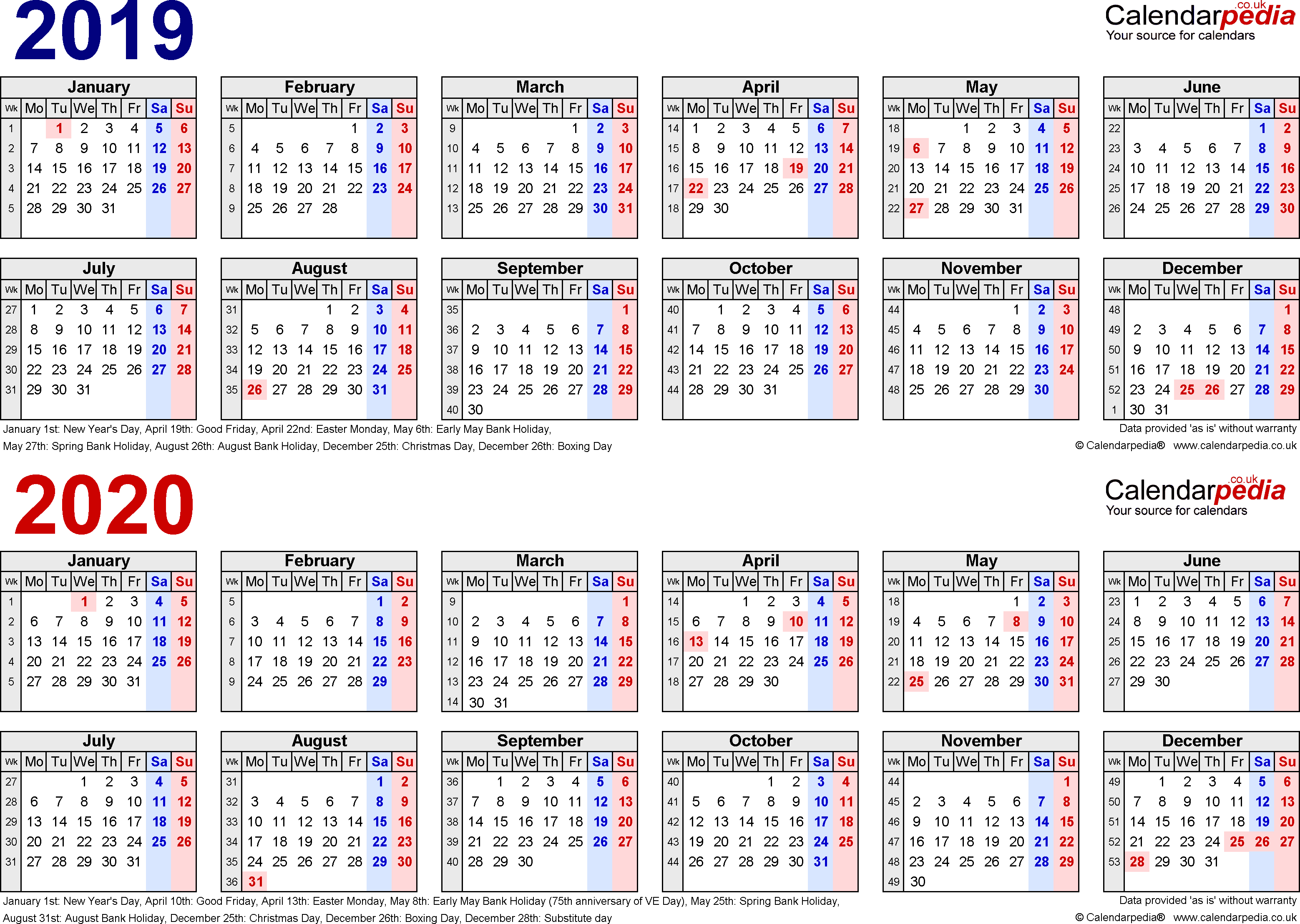 Two Year Calendars For 2019 &amp; 2020 (Uk) For Pdf