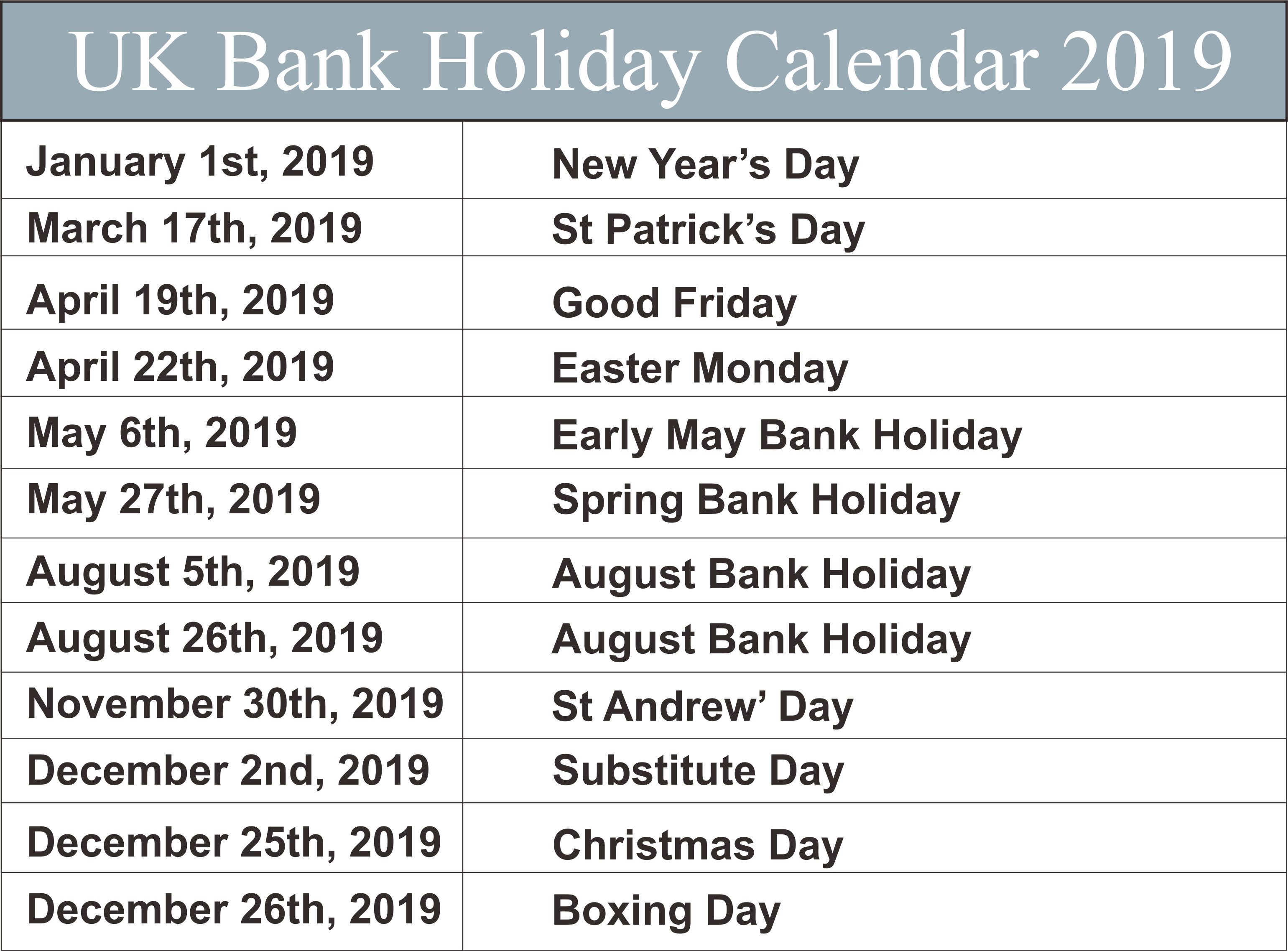 Uk Bank Holidays Calendar 2019 | Uk Federal Holidays | 2019