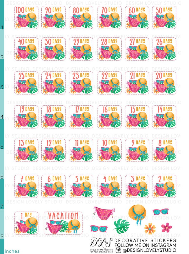 Vacation Countdown Printable Stickers, Vacation Countdown Planner Stickers,  Summer Vacation Planner Stickers Kit, Cut Files, Pdf, Ds122