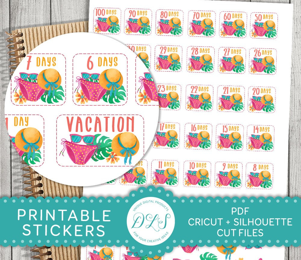 Vacation Countdown Printable Stickers, Vacation Countdown Planner Stickers,  Summer Vacation Planner Stickers Kit, Cut Files, Pdf, Ds122