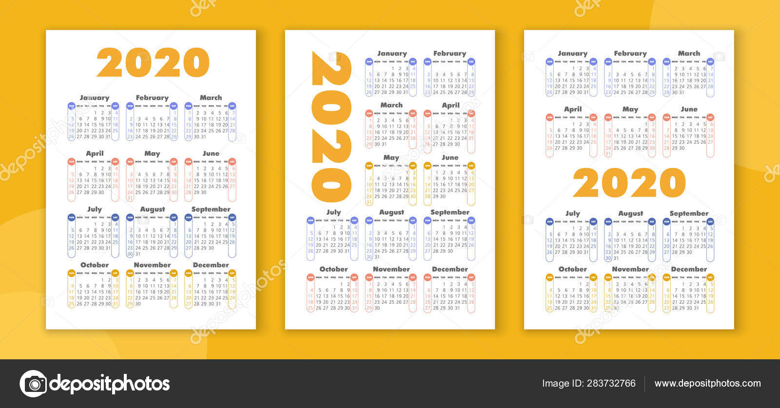 Vector Calendar 2020 Year. Week Starts From Sunday