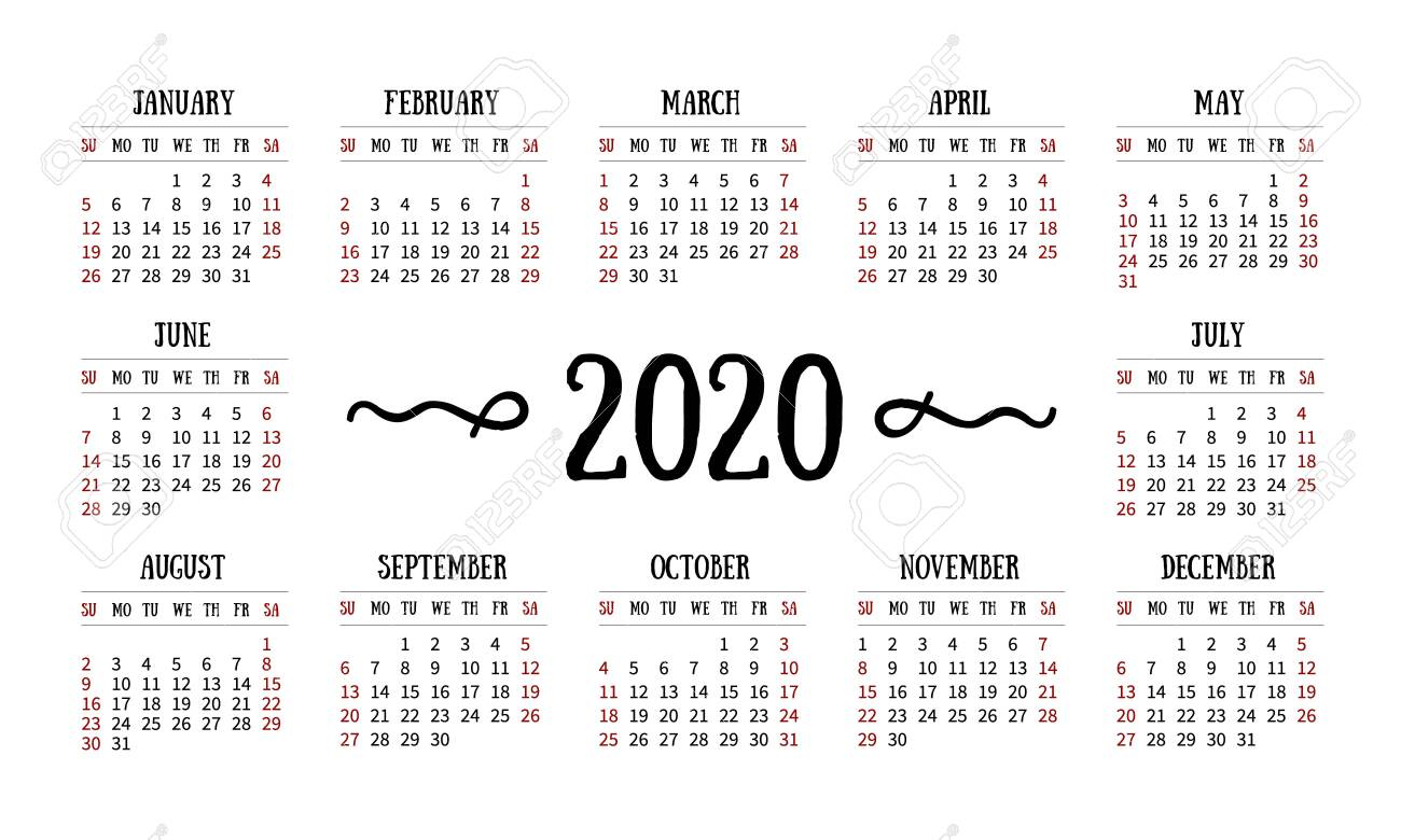 Vector Simple Calendar Grid For 2020 On White Background. Doodles..