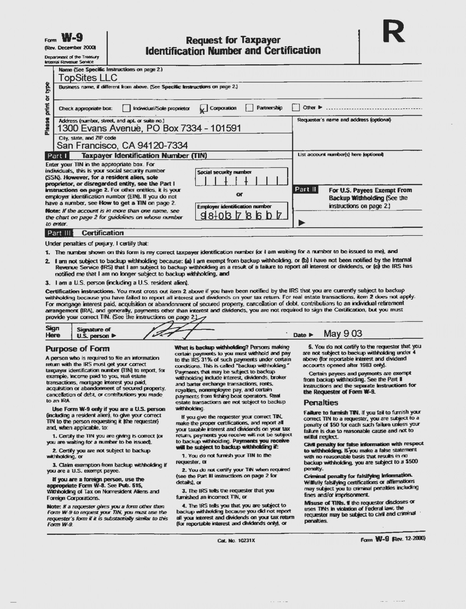 W 9 Form Fillable Printable Irs Template Online 2018 2019