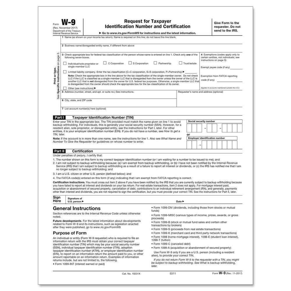 W9 Payer&#039;s Request For Tax Identification Number Cut Sheet (200 Forms/pack)