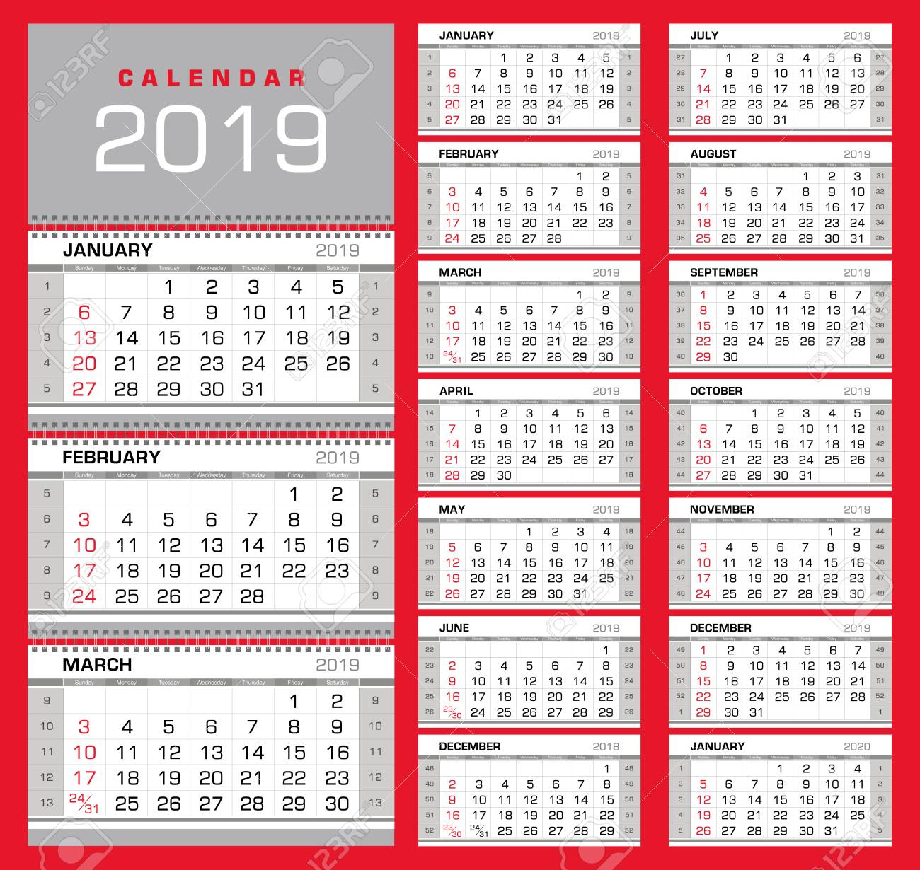 calendar with week number 2019