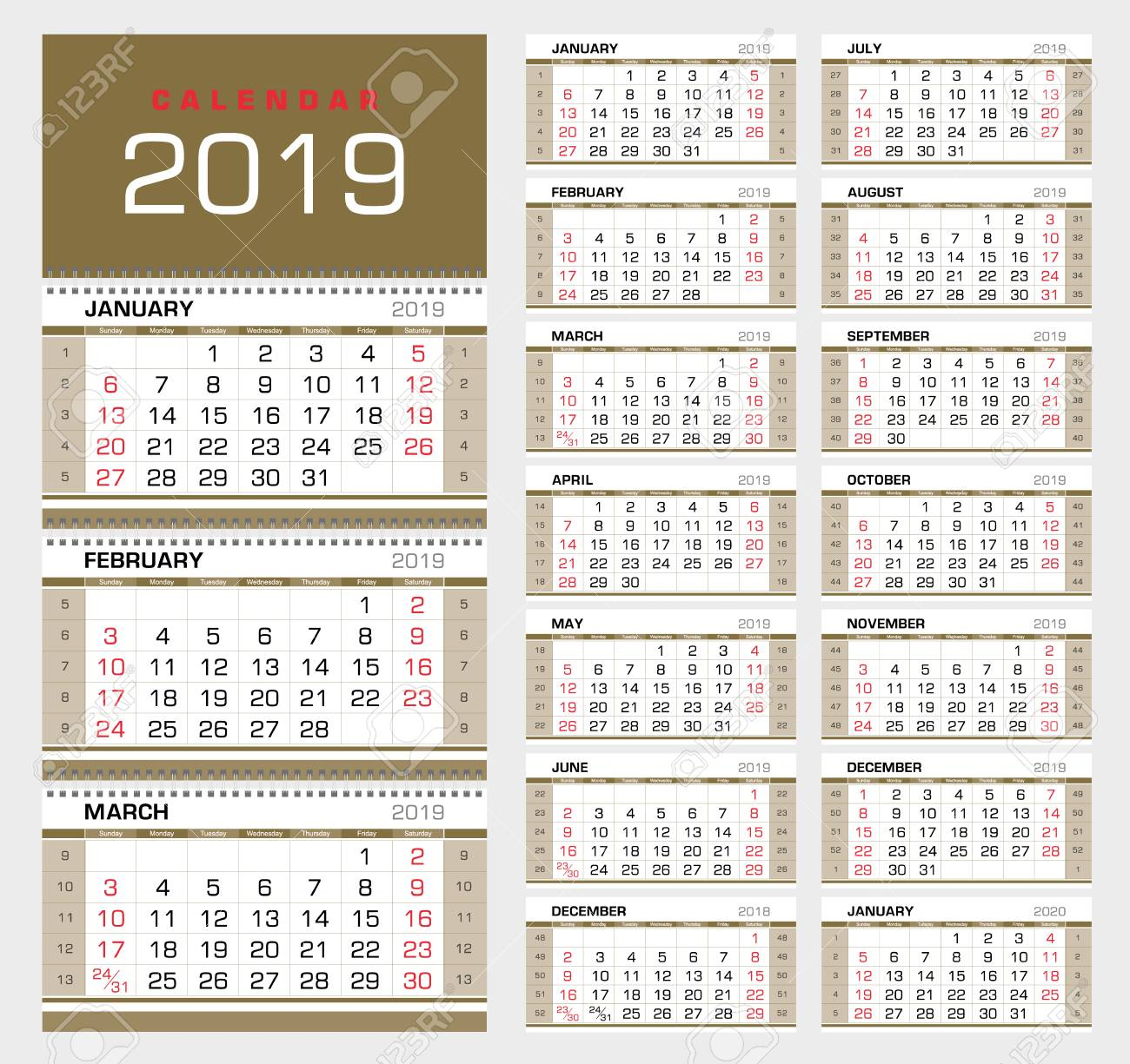 Wall Quarterly Calendar 2019 With Week Numbers. Week Start From..