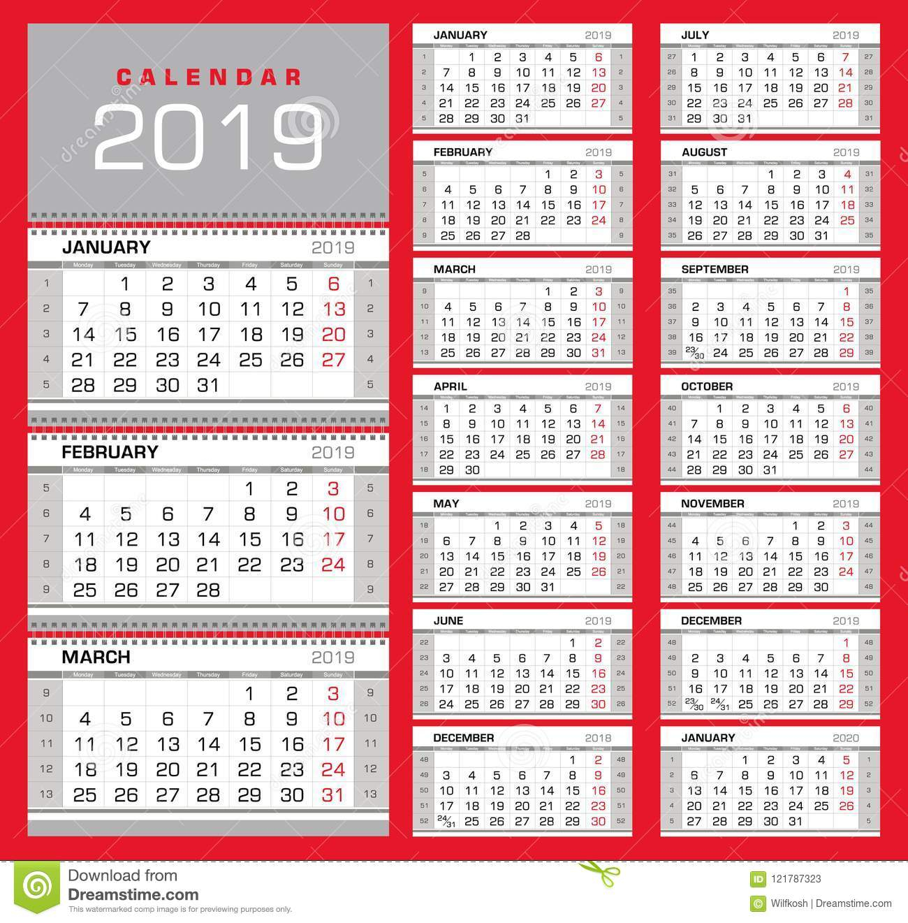 Wall Quarterly Calendar 2019 With Week Numbers. Week Start