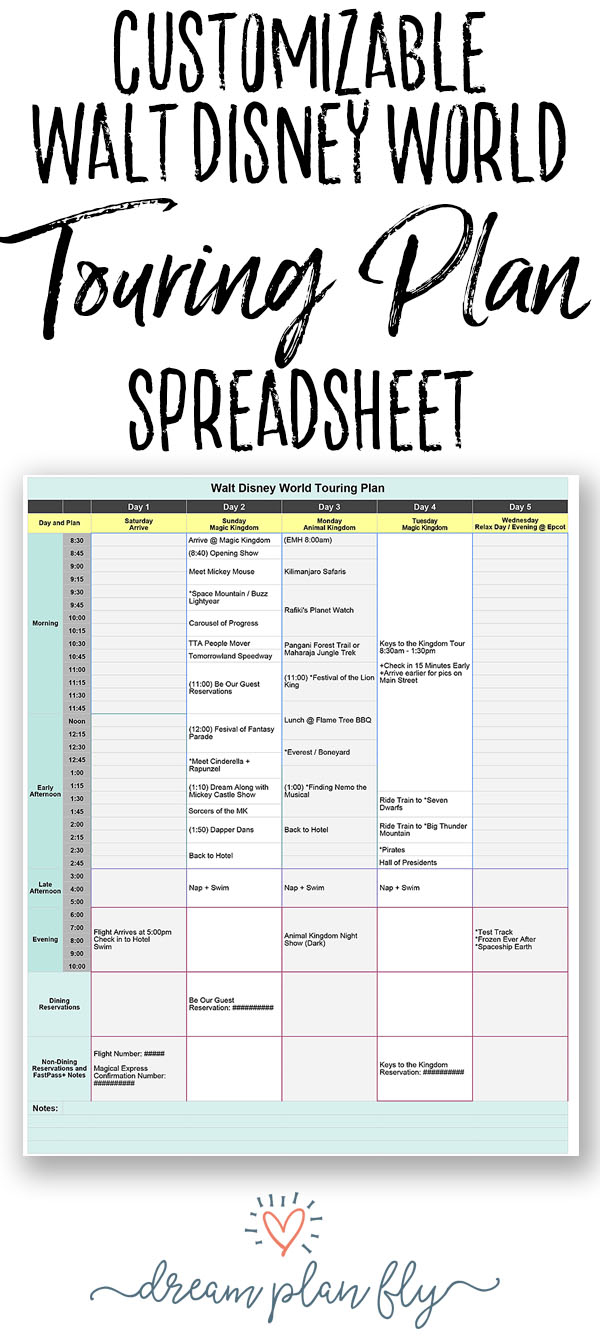 Walt Disney World Touring Plan Spreadsheet - Dream Plan Fly