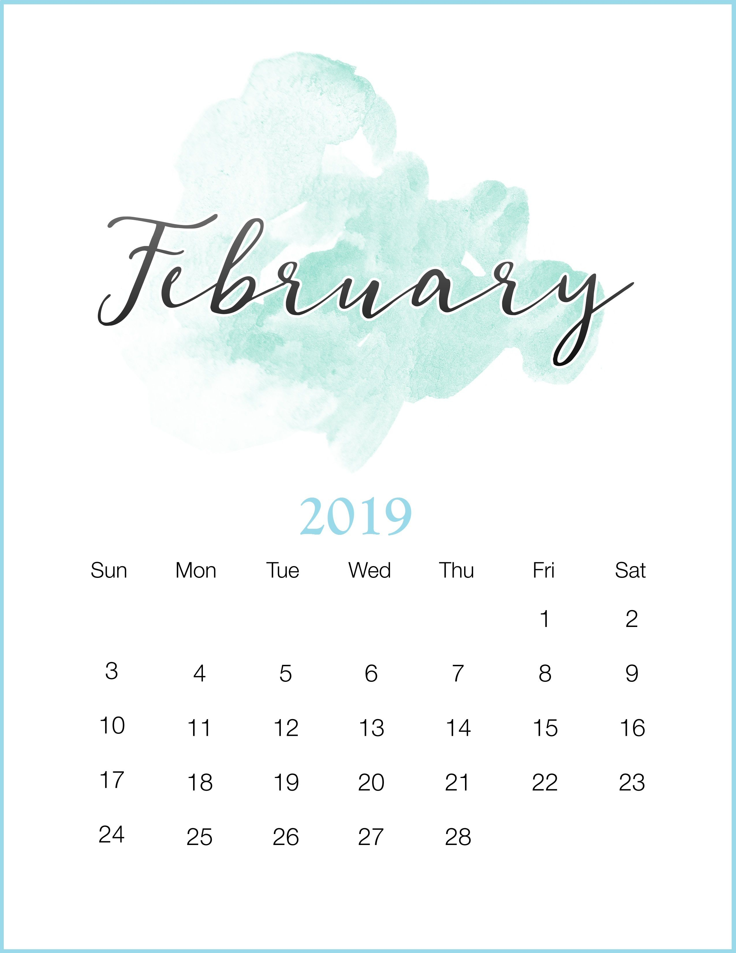 Watercolor 2019 February Printable Calendar #february2019