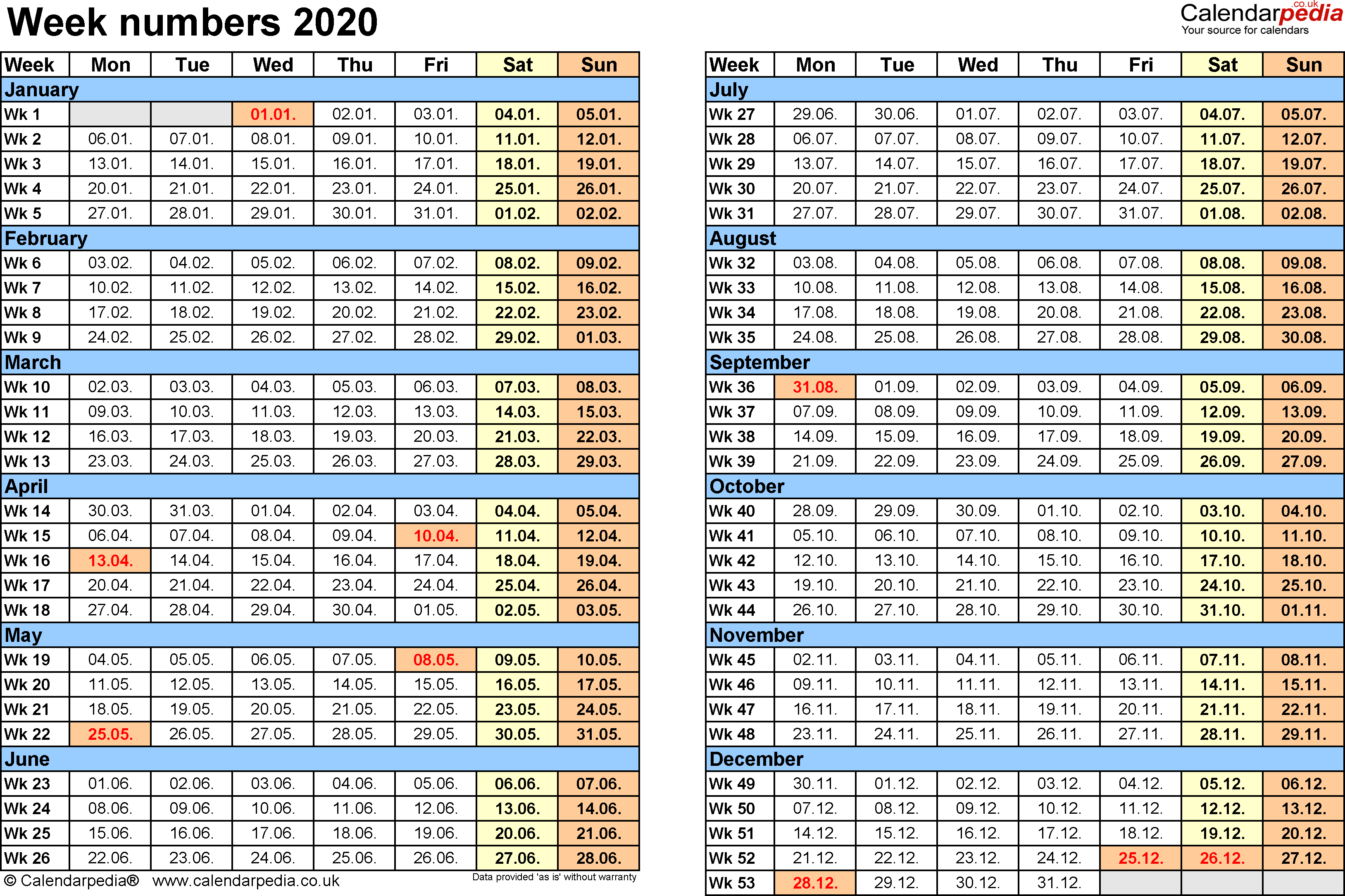 Calendar Templates 2020 Week Numbers Example Calendar Printable