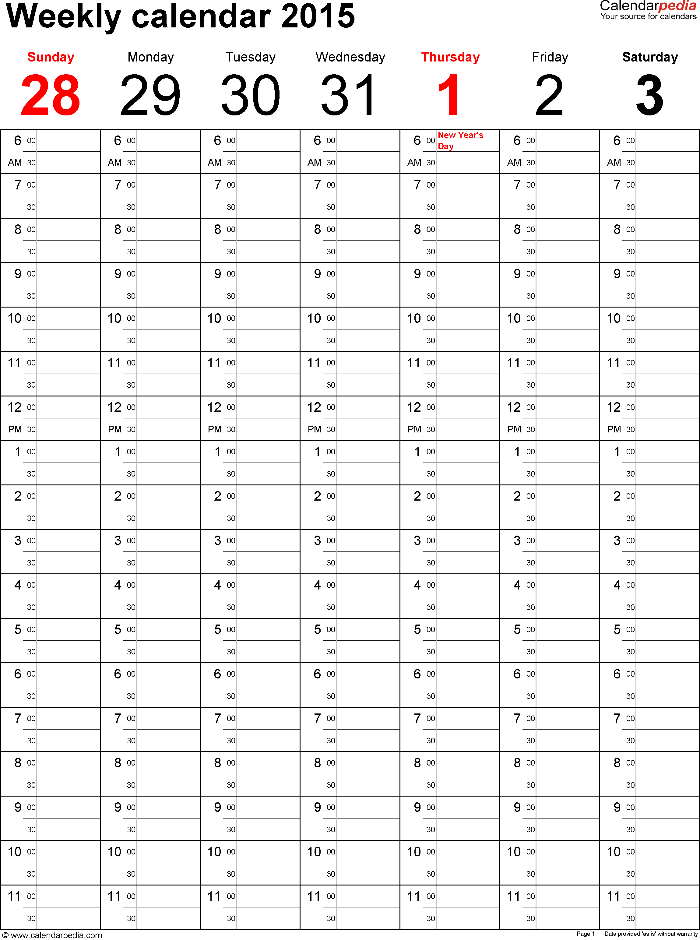 Weekly Calendar 2015 For Excel - 12 Free Printable Templates