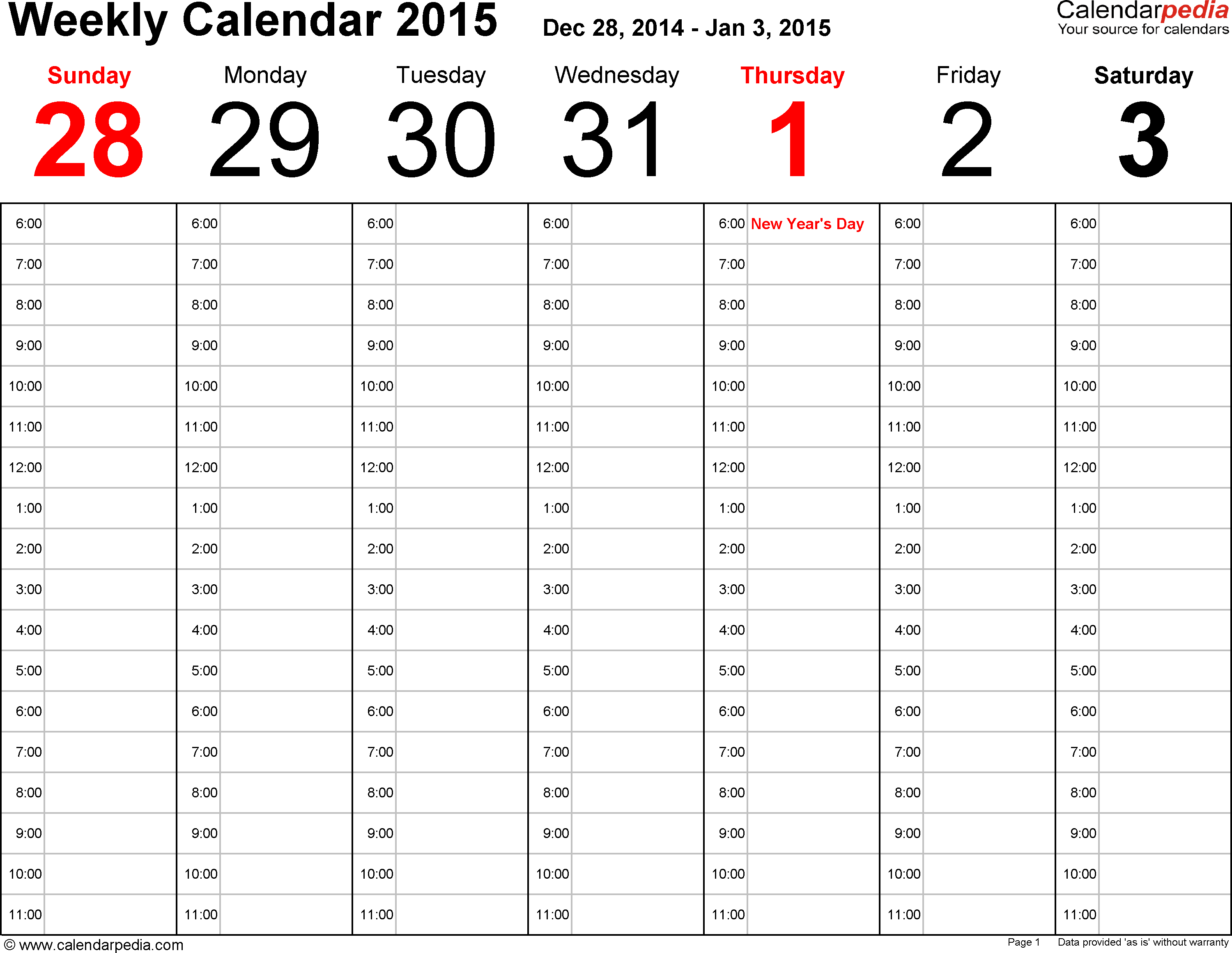 Weekly Calendar 2015 For Excel - 12 Free Printable Templates