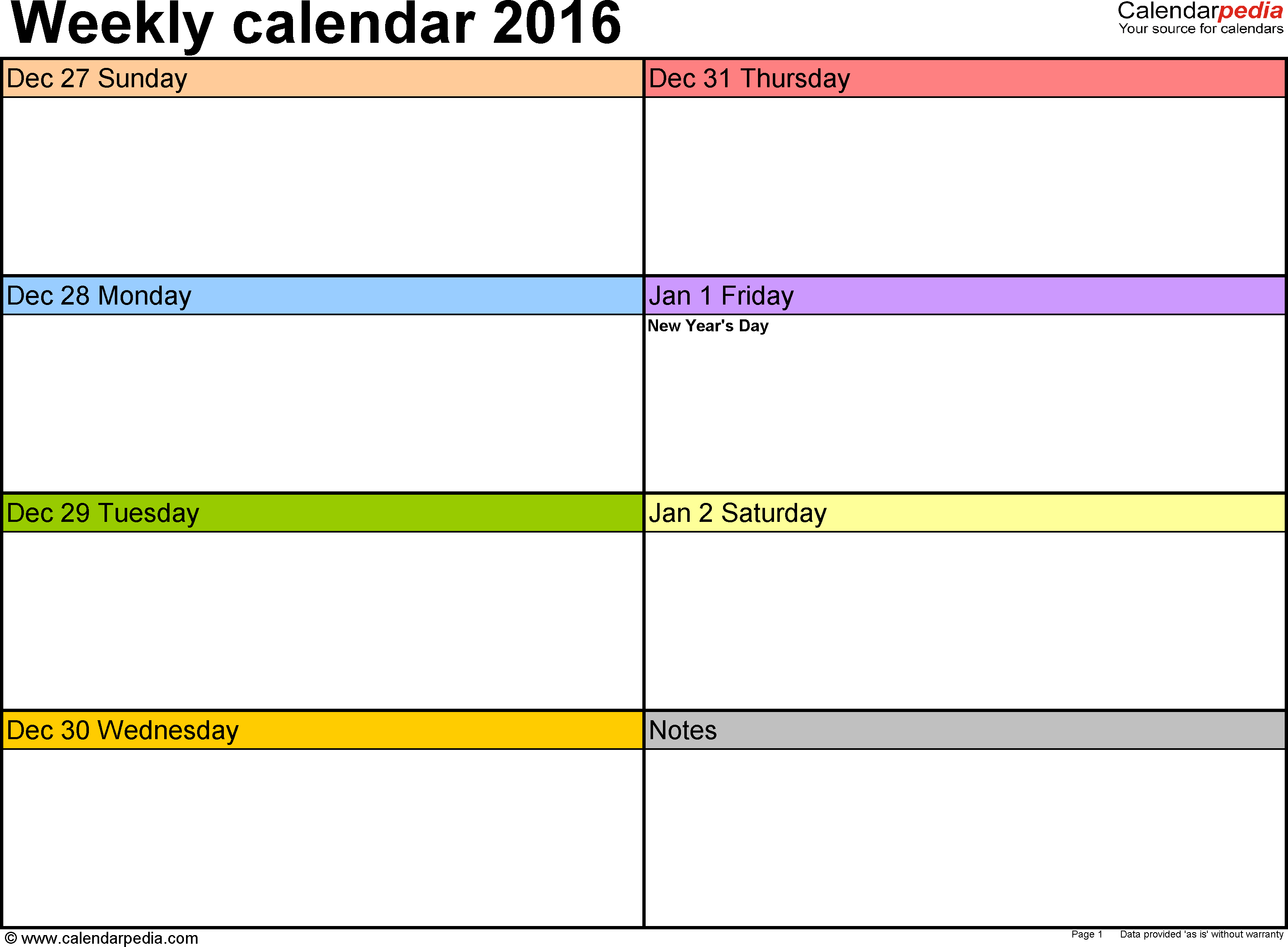 Weekly Calendar 2016: Template For Word Version 2, Landscape