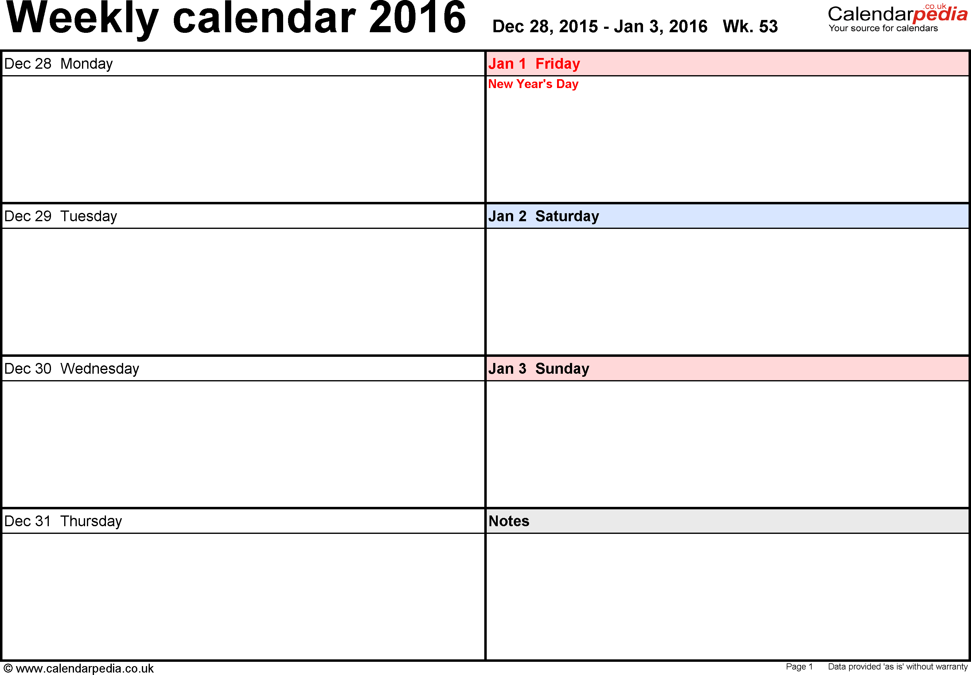 Weekly Calendar 2016 Uk - Free Printable Templates For Word