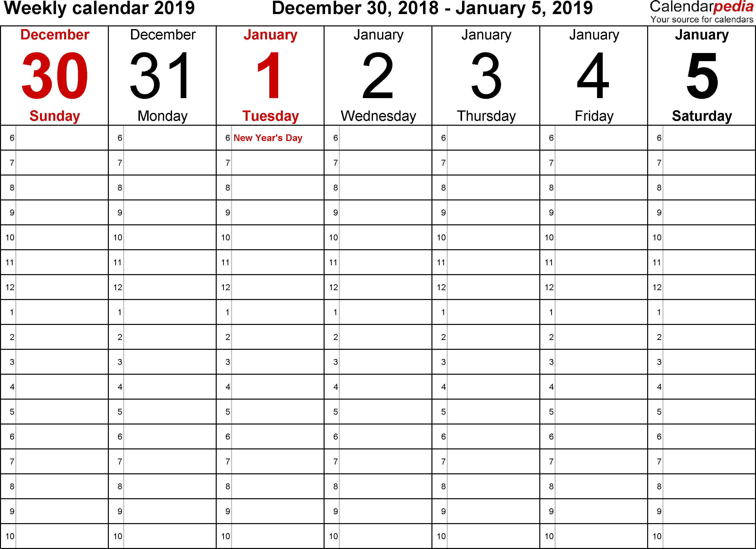 Weekly Calendar 2019 For Excel - 12 Free Printable Templates